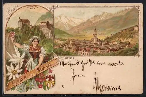 Lithographie Meran, Ortsansicht, Schloss Tirol, Tirolerin in Tracht, Edelweiss