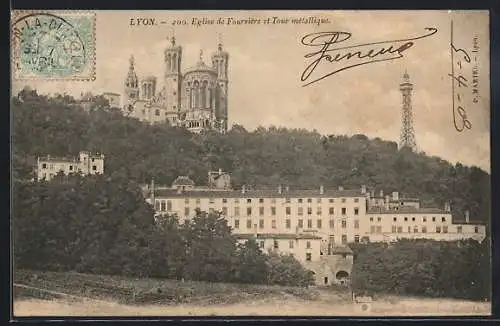 AK Lyon, Église de Fourvière et Tour métallique