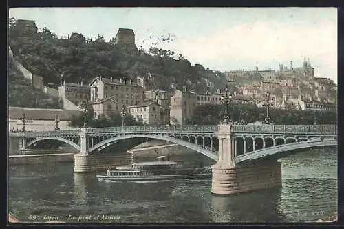 AK Lyon, Le pont d`Ainay avec un bateau sur le fleuve Rhône