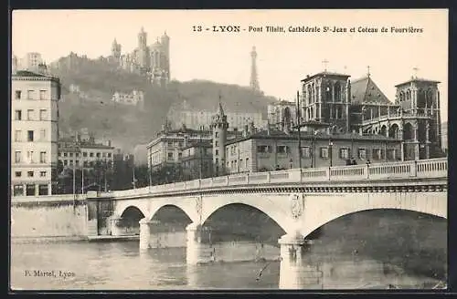 AK Lyon, Pont Tilsitt, Cathédrale St-Jean et Coteau de Fourvières