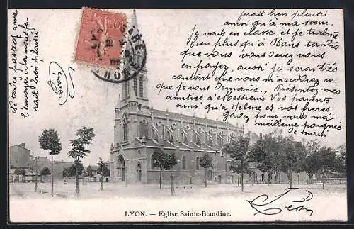 AK Lyon, Église Sainte-Blandine avec écriture manuscrite