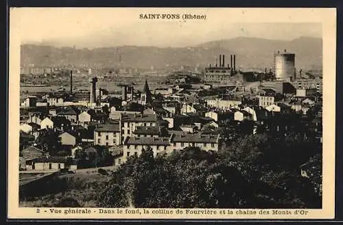 AK Saint-Fons, Vue générale avec la colline de Fourvière et la chaîne des Monts d`Or en arrière-plan