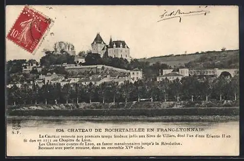 AK Rochetaillée, Château en Franc-Lyonnais avec vue du village et de la rivière