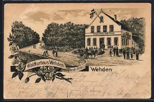 Lithographie Wehden, Wald-Kurhaus von Diedr. Priess mit Besuchern