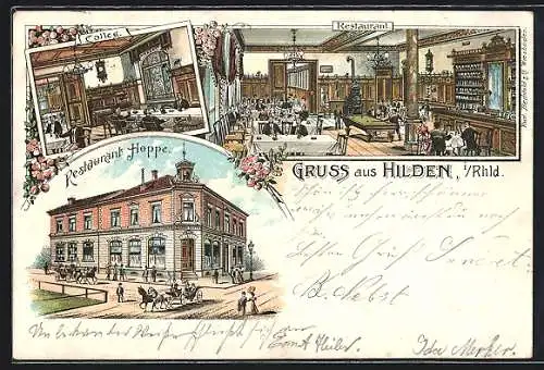 Lithographie Hilden i. Rhld., Restaurant Hoppe mit Colleg, Innenansichten