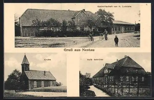 AK Nestau, Gasthaus v. H. Ludolphs, Kirche, Hofb. Schröder