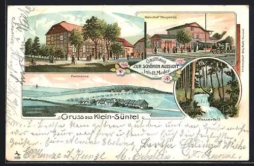 Lithographie Klein-Süntel, Gasthaus zur schönen Aussicht, Inh. H. Meder, Bahnhof Hasperde, Wasserfall