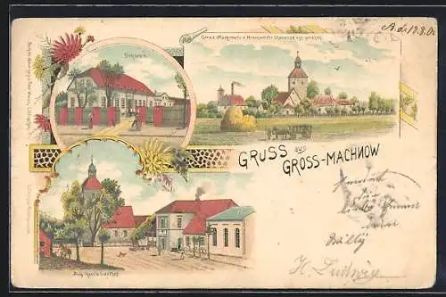 Lithographie Gross-Machnow, Gasthof von Aug. Kaul, Schloss, Blick von der Mittenwalder Chaussee