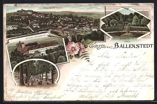 Lithographie Ballenstedt, Blick auf das Schloss, Schlosspark