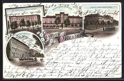 Lithographie Oldenburg / O., Infanterie-Kaserne am Pferdemarktplatz, Dragoner-Kaserne Osternburg, Artillerie-Kaserne