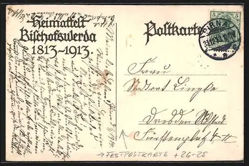 Steindruck-AK Bischofswerda, Festpostkarte zum Heimatfest 1913