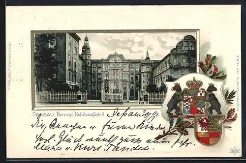 Passepartout-Lithographie Dessau, Herzogl. Residenzschloss, Wappen