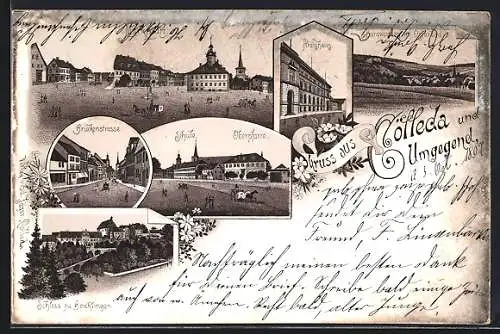 Lithographie Cölleda, Kreishaus, Schloss zu Beichlingen, Marktplatz