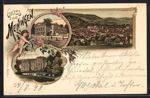 Lithographie Meiningen, Herzogl. Palais, Hoftheater, Ortsansicht