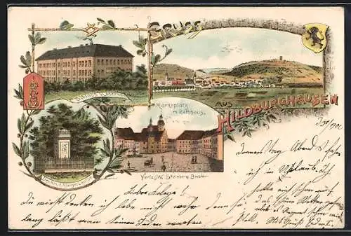 Lithographie Hildburghausen, Denkmal der Königin Louise, Schloss Kaserne und Marktplatz