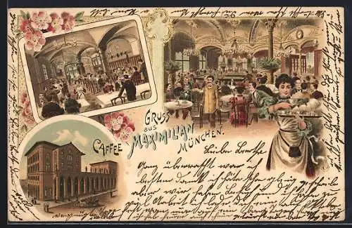 Lithographie München, Café Maximilian, Aussen- und Innenansicht