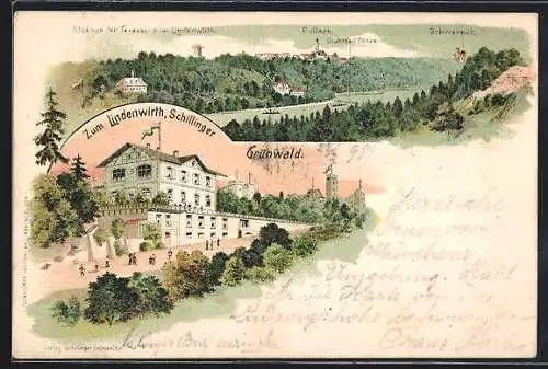 Lithographie Grünwald / Isertal, Gasthaus zum Lindenwirth v. Schillinger und Burg Schwaneck