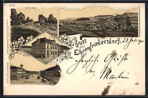 Lithographie Ehrenfriedersdorf, Totalansicht, Greifenstein, Postamt & Marktplatz