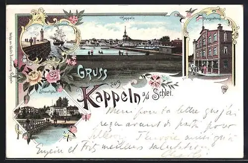 Lithographie Kappeln / Schlei, Schauspielhaus, Strandhotel, Ortsansicht