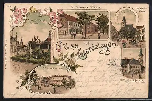 Lithographie Gardelegen, Magdeburger Strasse, Gasthaus Schützenhaus, St. Nikolai-Kirche