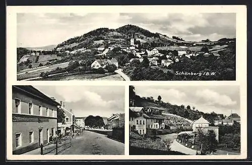 AK Schönberg / Bayer. Wald, Gesamtansicht, Bäckerei und Ortspartie