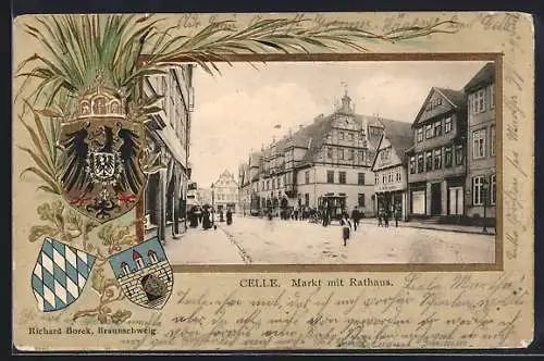 Passepartout-Lithographie Celle, Markt mit Rathaus, Rahmen mit Wappen