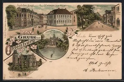 Lithographie Oldenburg / O., Wahnbeck`s Hotel & Landesbank, Theaterwall, Villa am Staugraben