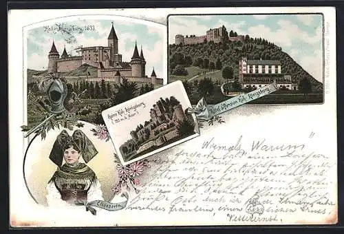 Lithographie Orschweiler, Hoh-Königsburg, Hotel-Pension Hoh. Königsburg, Elsässerin, Ruine