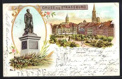 Lithographie Strassburg, Kleberplatz und Kleber-Denkmal