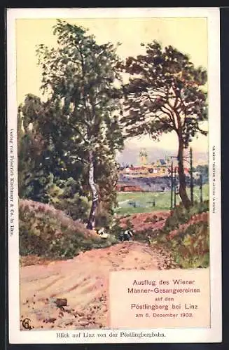 Künstler-AK Linz, Ortsansicht von der Pöstlingbergbahn, Ausflug d. Wiener Männergesangvereines 1908