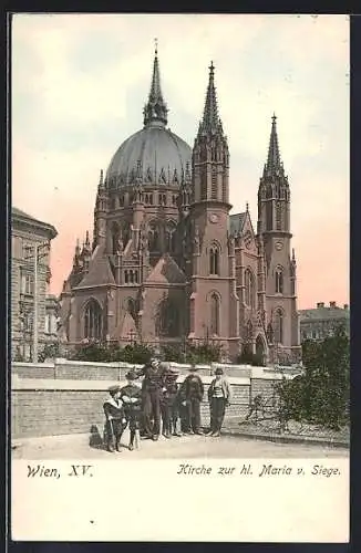 AK Wien, Kirche zur hl. Maria vom Siege mit kleiner Versammlung