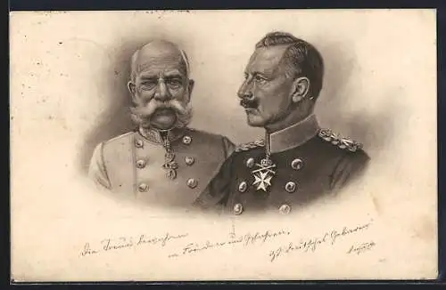 AK Kaiser Franz Josef I. von Österreich in Uniform mit Kaiser Wilhelm in Uniform und Orden, Brustbilder