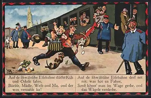 Künstler-AK Hans Boettcher: Mann eilt mit Kind und Hund zur Eisenbahn