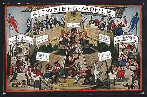 Künstler-AK Hans Boettcher: Das Märchen von der Altweibermühle, Männer und Frauen rutschen aus der Mühle heraus