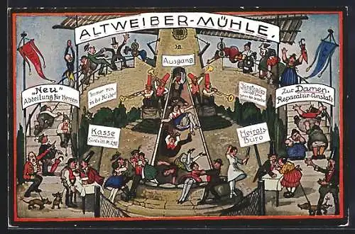 Künstler-AK Hans Boettcher: Das Märchen von der Altweibermühle, Männer und Frauen rutschen aus der Mühle heraus