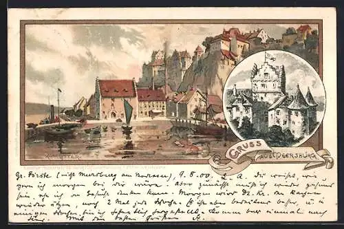 Künstler-AK K. Mutter: Meersburg, Hafenpartie mit Booten und Burg