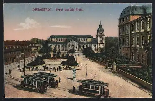 AK Darmstadt, Ernst-Ludwig-Platz mit Strassenbahnen