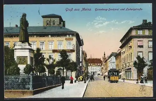 AK Mainz, Gutenberg-Denkmal & Ludwigsstrasse, Strassenbahn