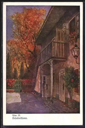 Künstler-AK Wien, Schuberthaus Nussdorfer Strasse 54 an einem Herbstabend