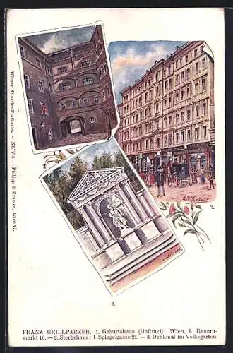 Künstler-AK Wien, Franz Grillparzer, Geburtshaus, Sterbehaus, Bauernmarkt