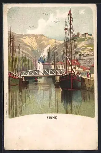 Lithographie Fiume, Flusspartie mit Schiffen