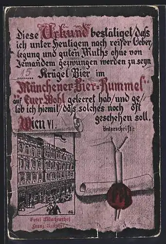 AK Wien, Hotel Münchnerhof, Münchener Bier-Rummel Urkunde