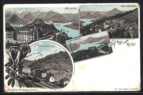 Lithographie Rigi, Blick auf die Stadt mit Bahnhof, Kloster und Kaltbad