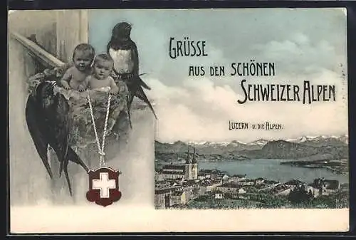 AK Luzern, Teilansicht und die Schweizer Alpen, Zwei Kleinkinder im Vogelnest