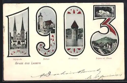 AK Luzern, Rathaus, Stiftskirche und Wasserturm in Jahreszahl 1903, Passepartout