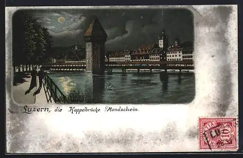 Lithographie Luzern, Kapellbrücke im Mondschein