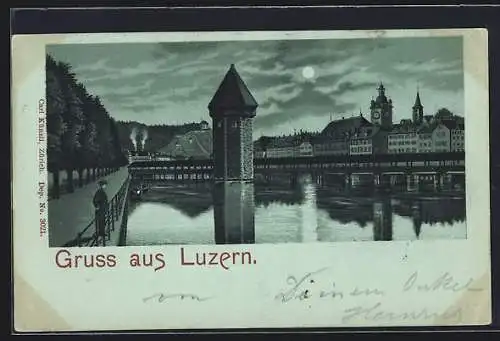 Mondschein-Lithographie Luzern, Uferpartie mit Turm