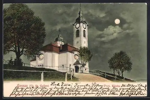 AK Gossau /St. Gallen, Protestantische Kirche bei Mondschein