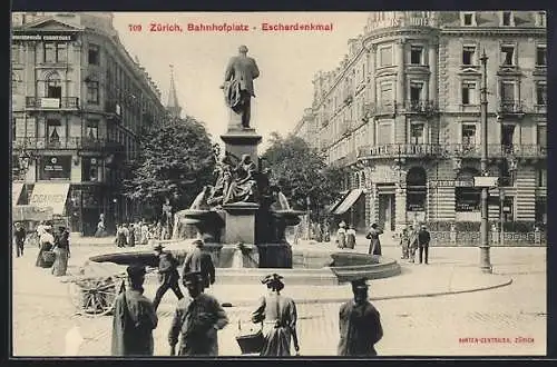 AK Zürich, Escherdenkmal am Bahnhofsplatz