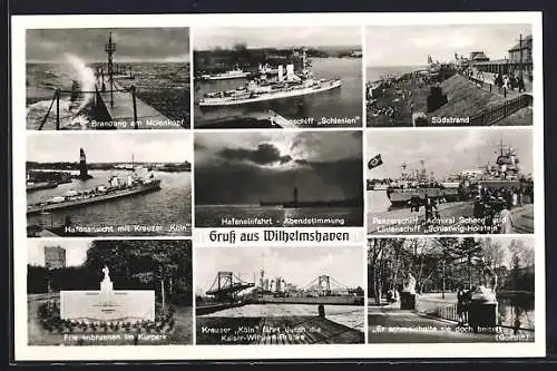 AK Wilhelmshaven, Hafeneinfahrt, Panzerschiff Admiral Scheer, Südstrand